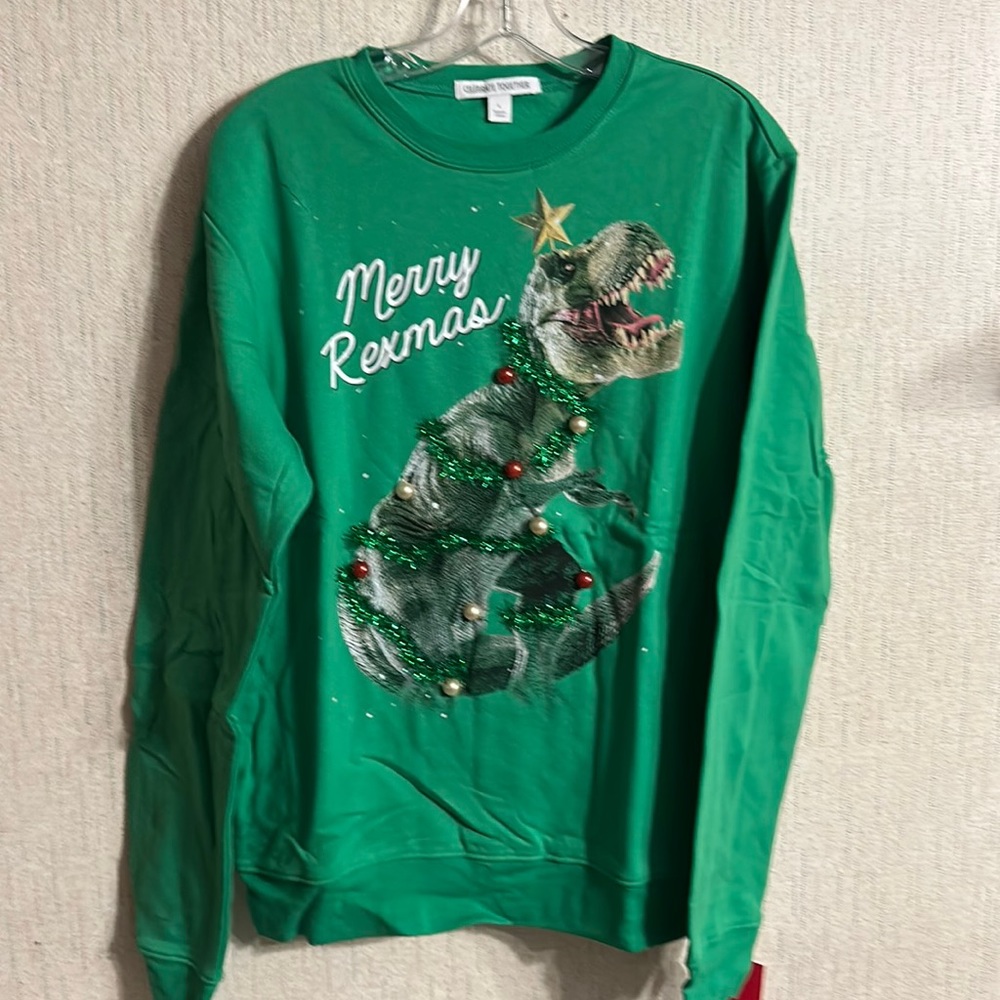 CELEBRATE TOGETHER MERRY REXMAS CHRISTMAS SWEATSHIRT: GREEN: NWT: SZ L